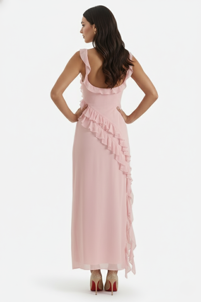 Womens Sleeveless Maxi Dress with Ruffle Trim and Front Slit