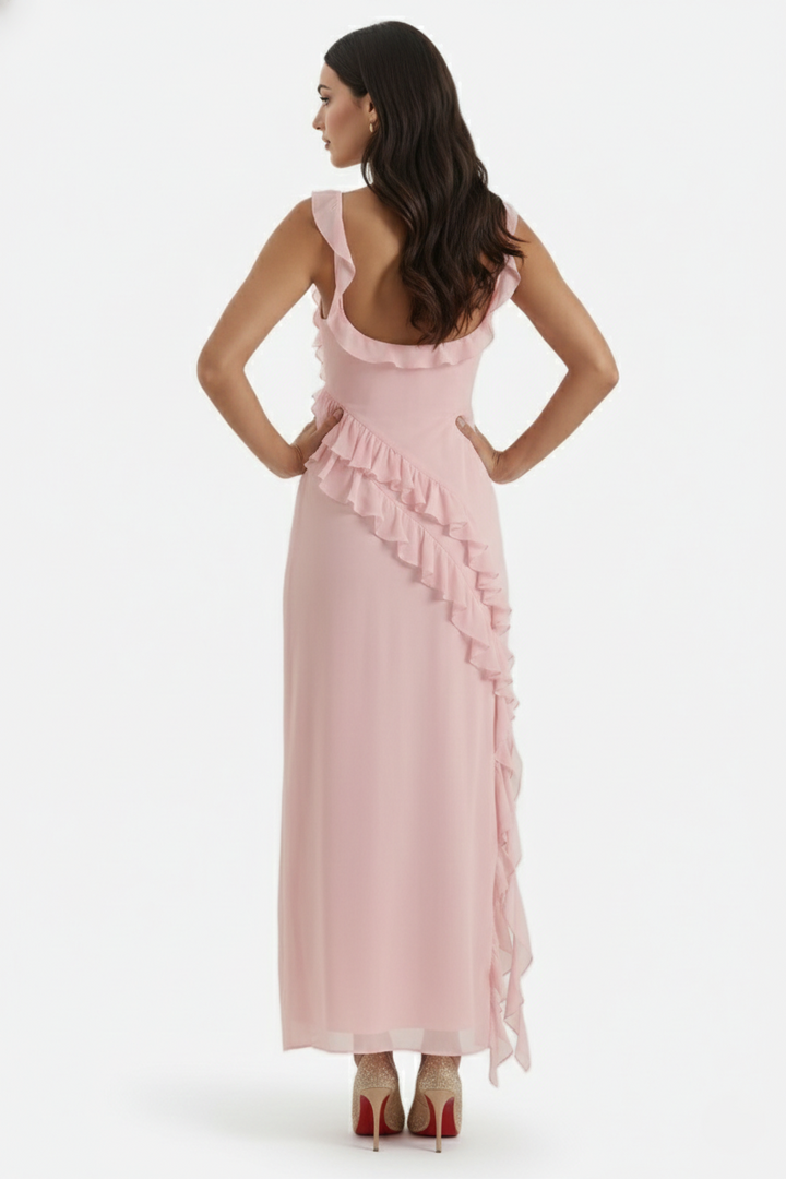 Womens Sleeveless Maxi Dress with Ruffle Trim and Front Slit