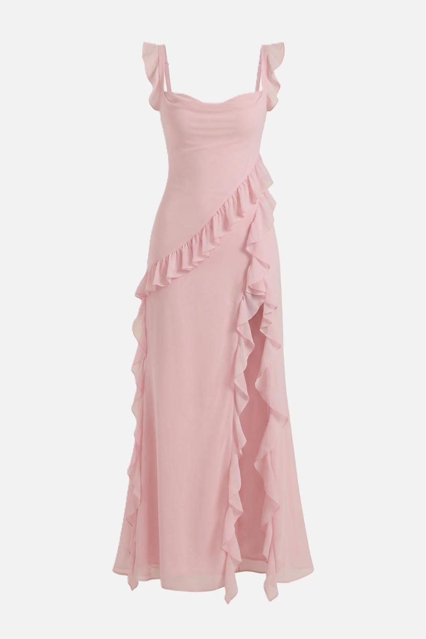 Womens Sleeveless Maxi Dress with Ruffle Trim and Front Slit