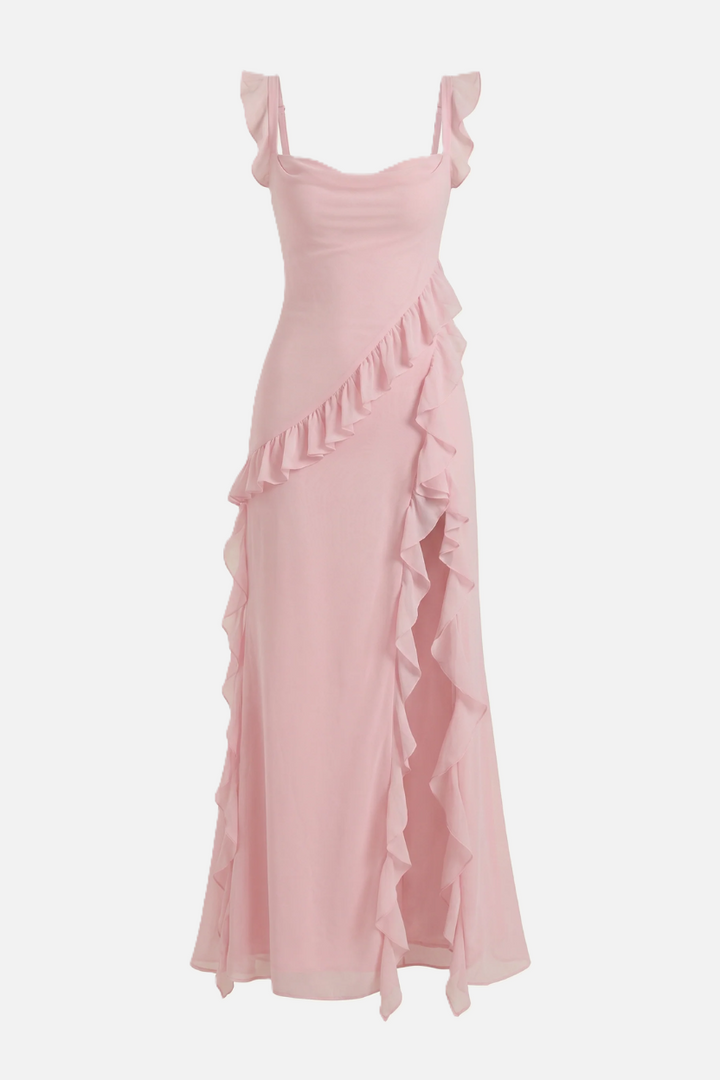 Womens Sleeveless Maxi Dress with Ruffle Trim and Front Slit