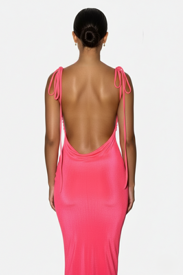 Womens Maxi Dress Spaghetti Strap Backless Tie Back