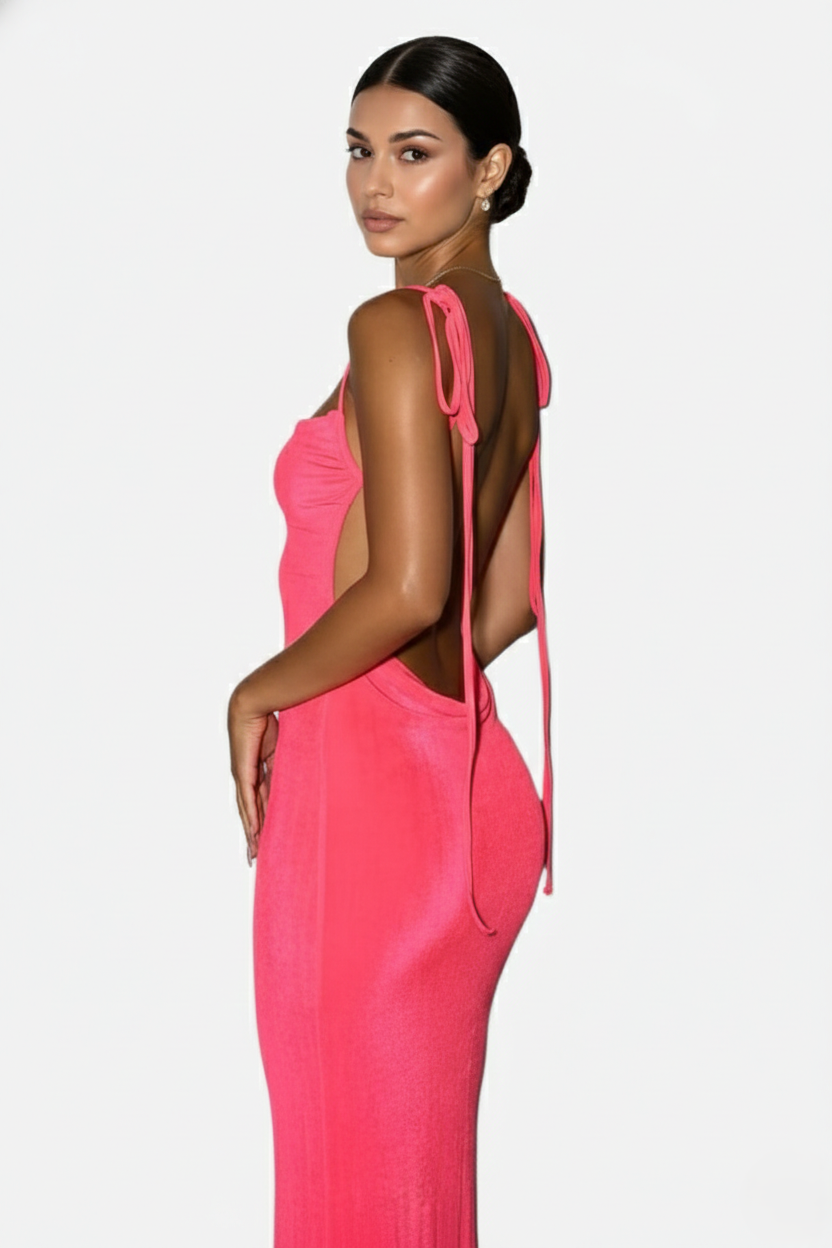 Womens Maxi Dress Spaghetti Strap Backless Tie Back