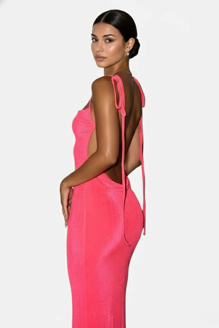 Womens Maxi Dress Spaghetti Strap Backless Tie Back
