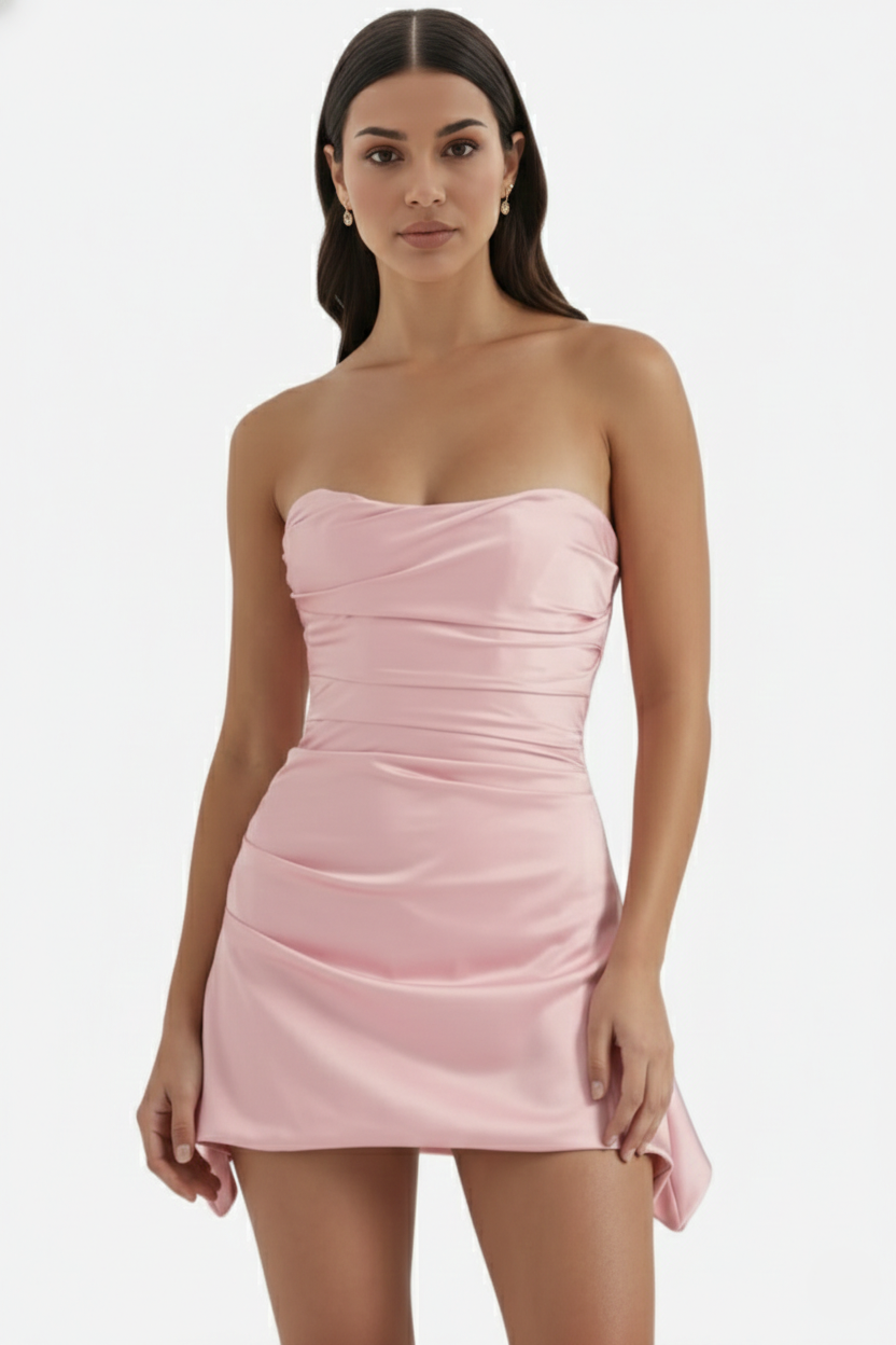Womens Strapless Party Dress Ruched Draped Asymmetric Hem - Clovrio