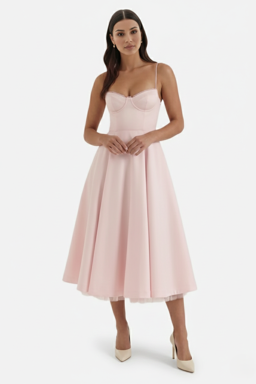 Womens Midi Dress Bustier Sweetheart Neckline Full Circle Tulle Hem