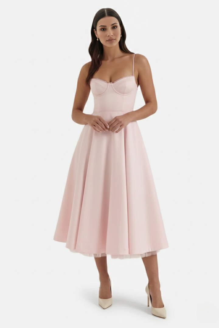 Womens Midi Dress Bustier Sweetheart Neckline Full Circle Tulle Hem