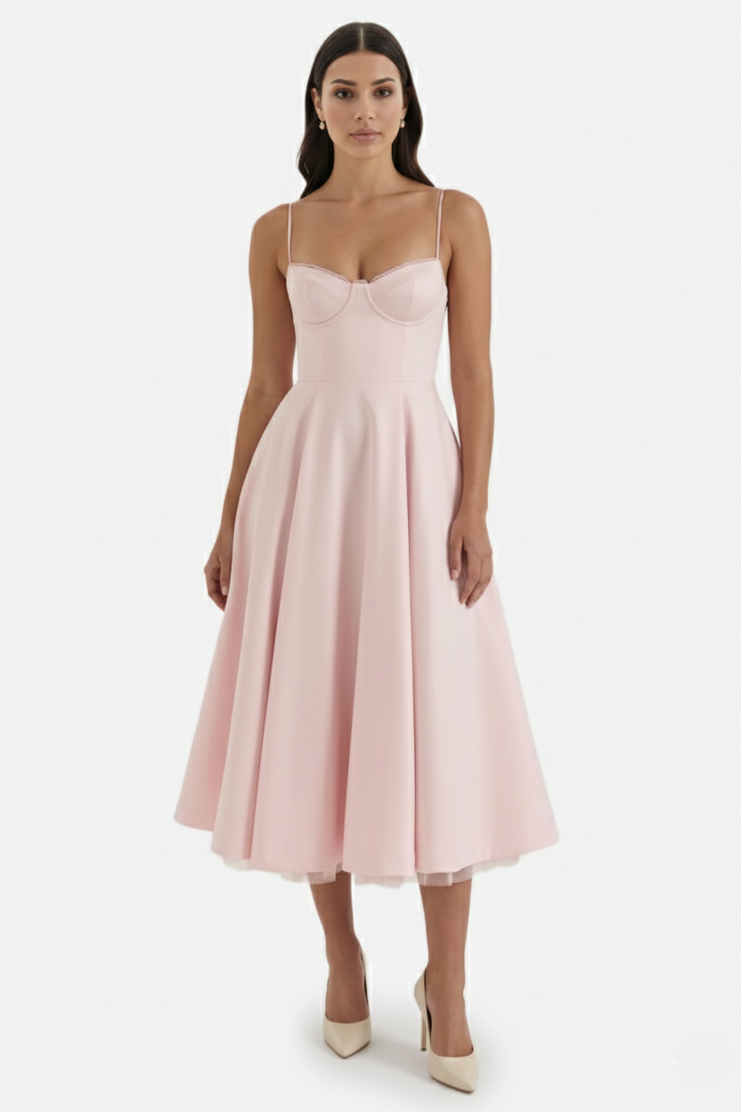 Womens Midi Dress Bustier Sweetheart Neckline Full Circle Tulle Hem