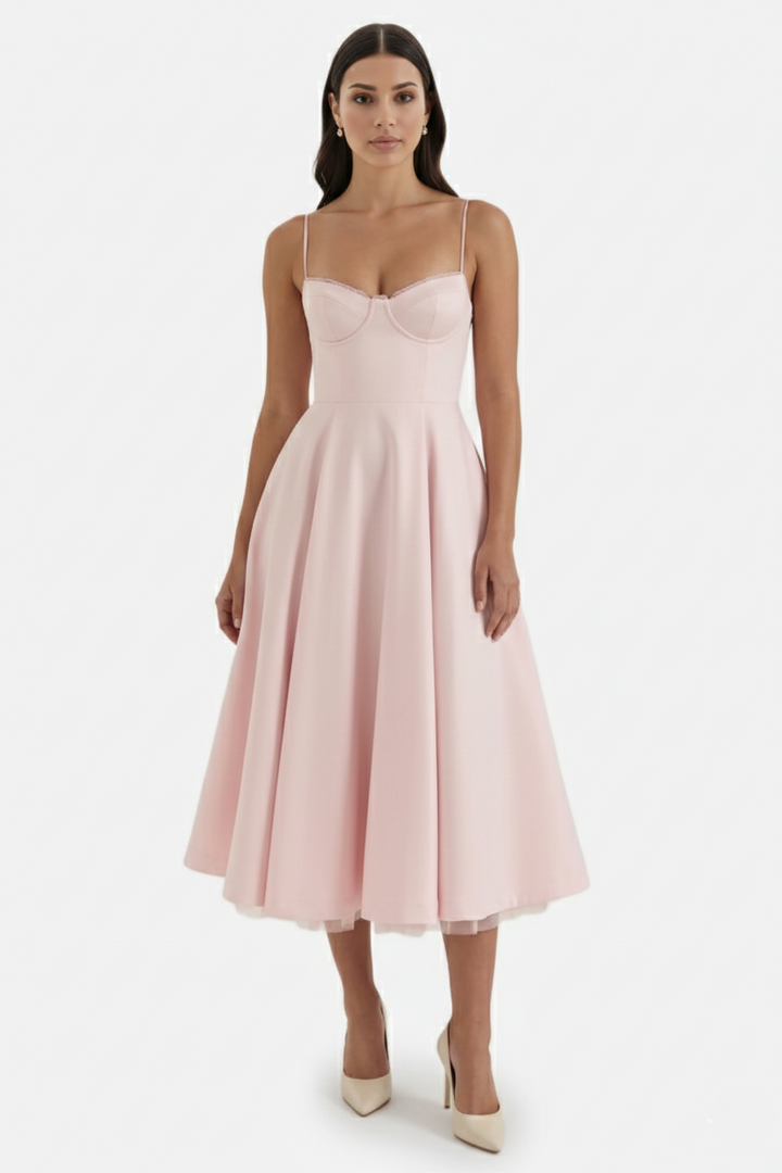 Womens Midi Dress Bustier Sweetheart Neckline Full Circle Tulle Hem