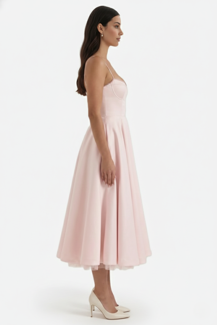 Womens Midi Dress Bustier Sweetheart Neckline Full Circle Tulle Hem