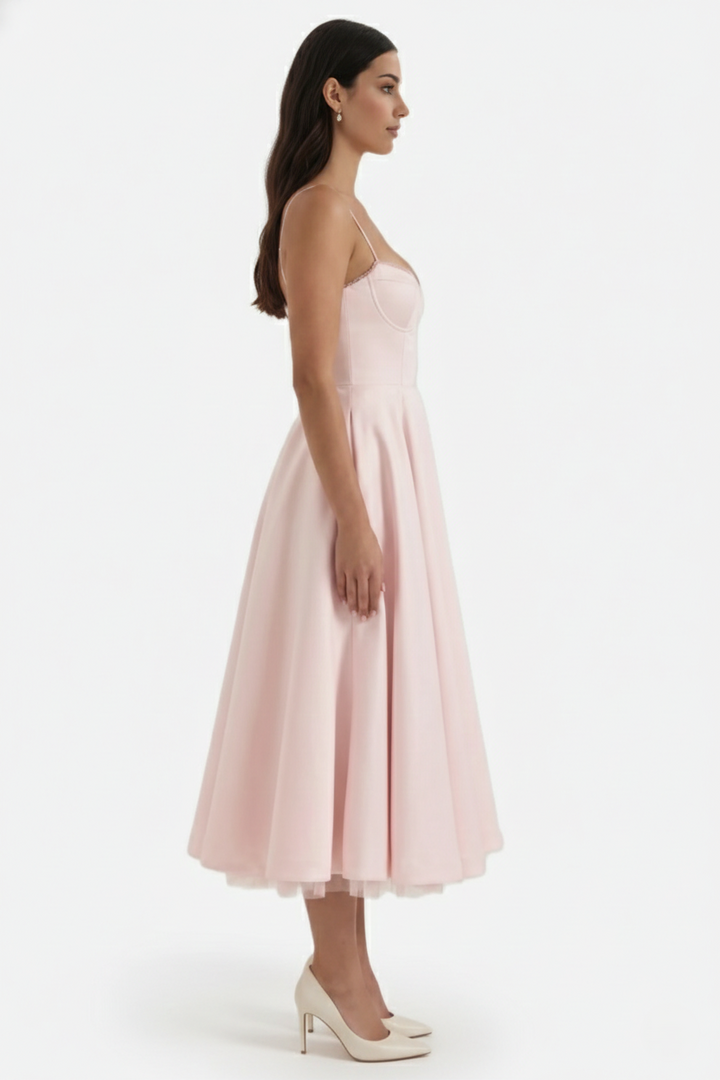 Womens Midi Dress Bustier Sweetheart Neckline Full Circle Tulle Hem