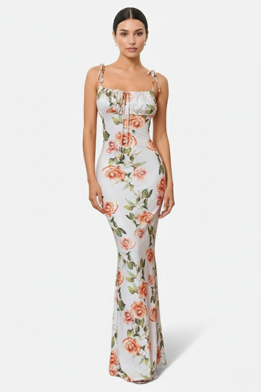 Womens Bodycon Maxi Dress with Spaghetti Straps Ruched Bodice