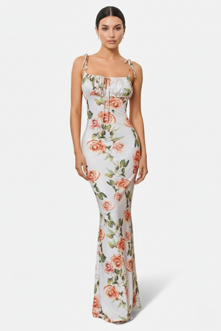 Womens Bodycon Maxi Dress with Spaghetti Straps Ruched Bodice