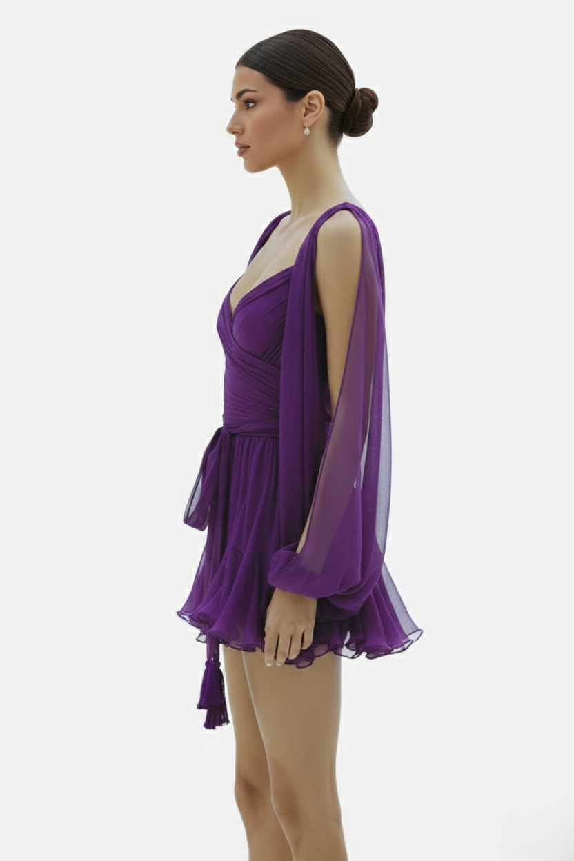Womens Mini Dress Chiffon Lace-Up Back Puff Sleeve