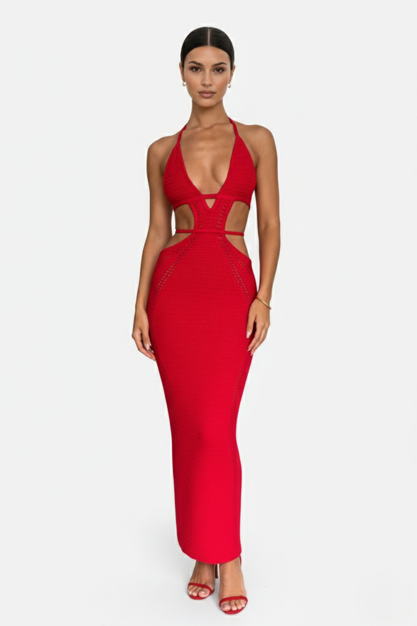 Womens Crochet Bodycon Maxi Dress Halter Neck Backless