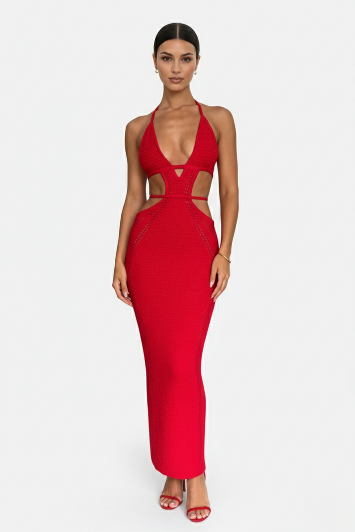 Womens Crochet Bodycon Maxi Dress Halter Neck Backless