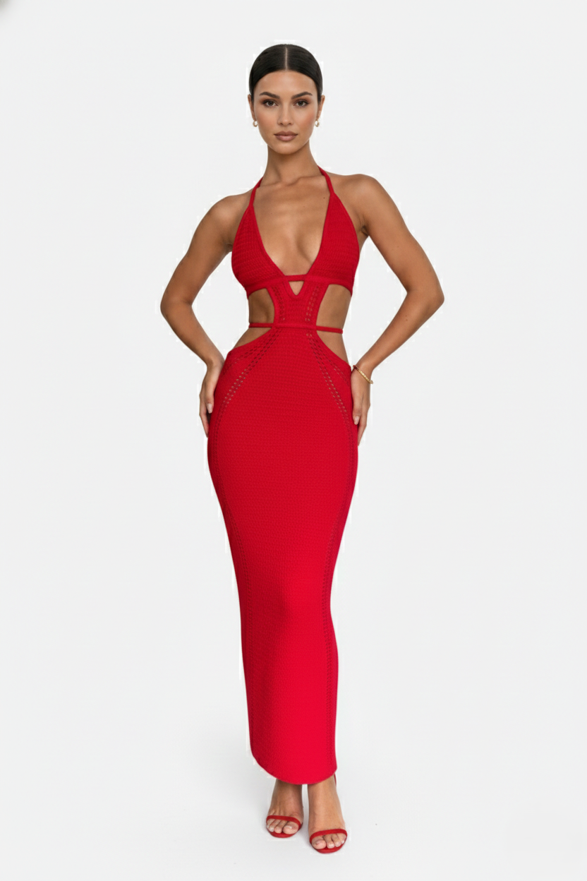 Womens Crochet Bodycon Maxi Dress Halter Neck Backless