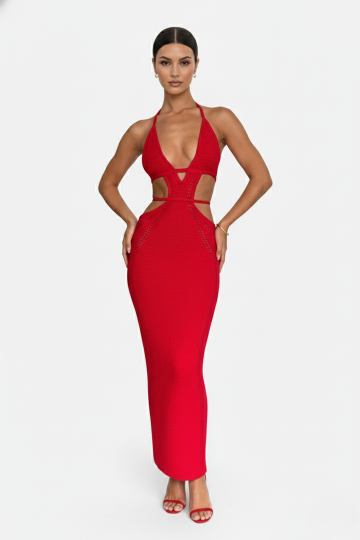 Womens Crochet Bodycon Maxi Dress Halter Neck Backless