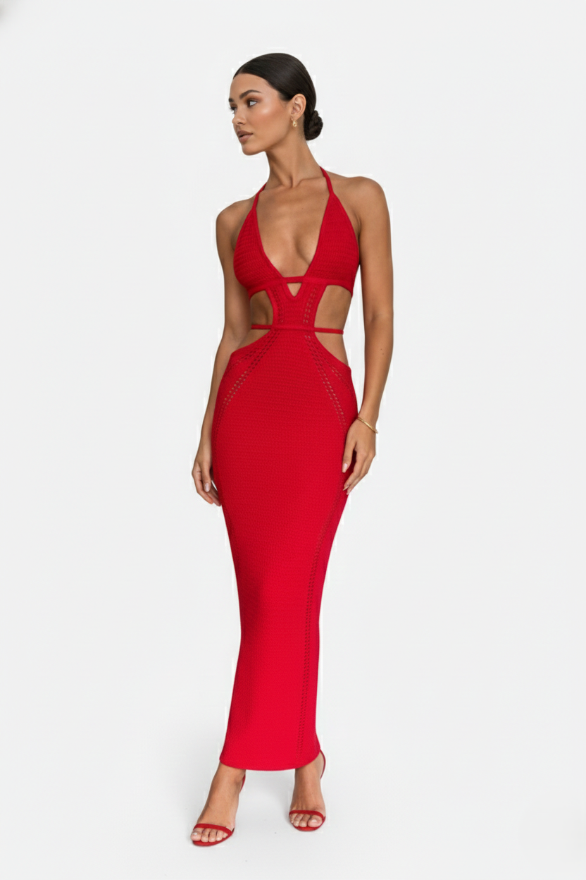 Womens Crochet Bodycon Maxi Dress Halter Neck Backless