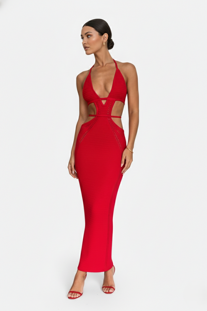 Womens Crochet Bodycon Maxi Dress Halter Neck Backless