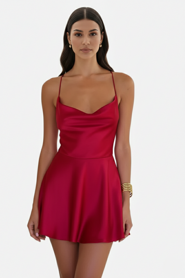 Womens Mini Dress Satin Spaghetti Strap Tiered Lace-Up Back - Clovrio