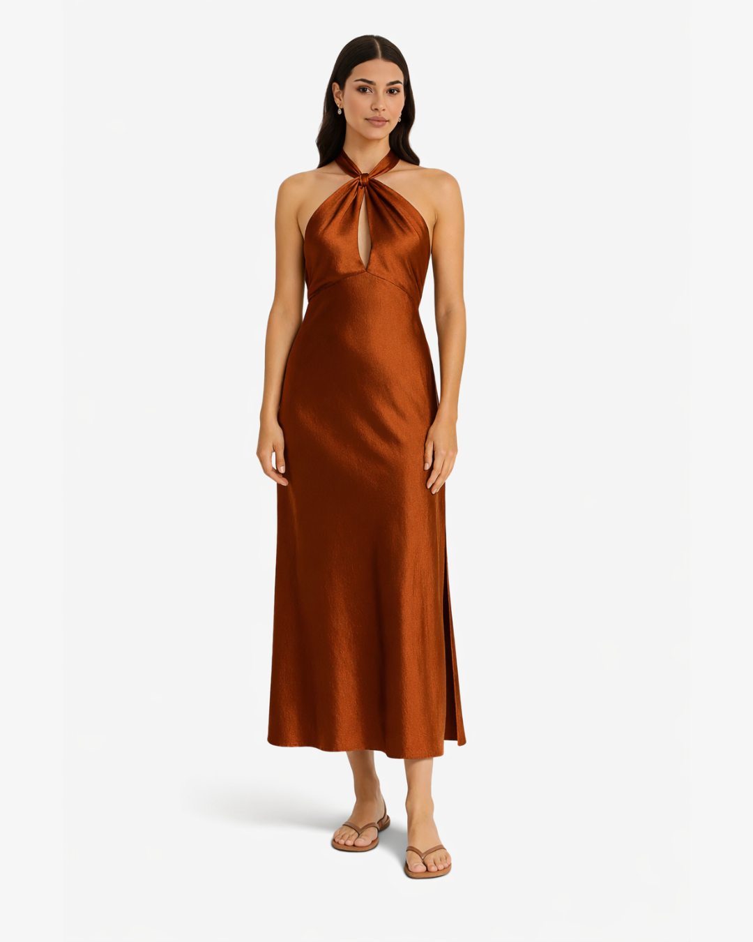 Womens Satin Maxi Dress Halter Neck Keyhole Side Slit