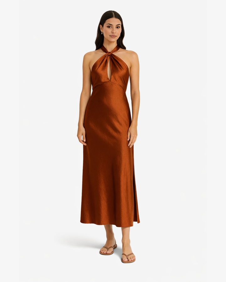 Womens Satin Maxi Dress Halter Neck Keyhole Side Slit