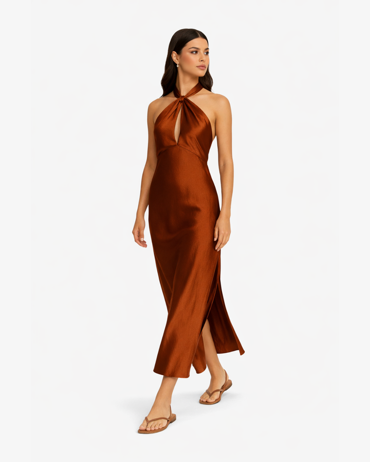 Womens Satin Maxi Dress Halter Neck Keyhole Side Slit