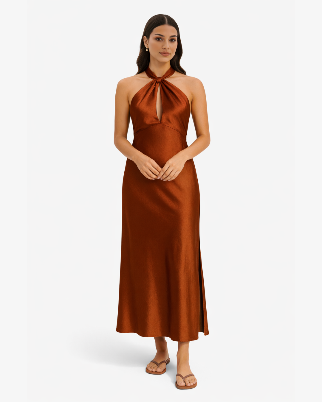 Womens Satin Maxi Dress Halter Neck Keyhole Side Slit