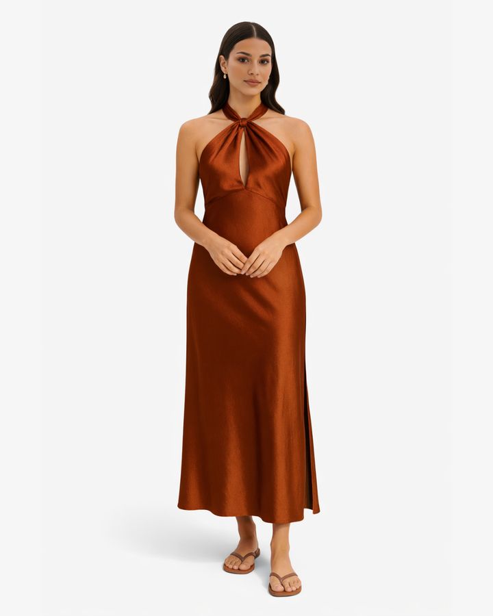 Womens Satin Maxi Dress Halter Neck Keyhole Side Slit