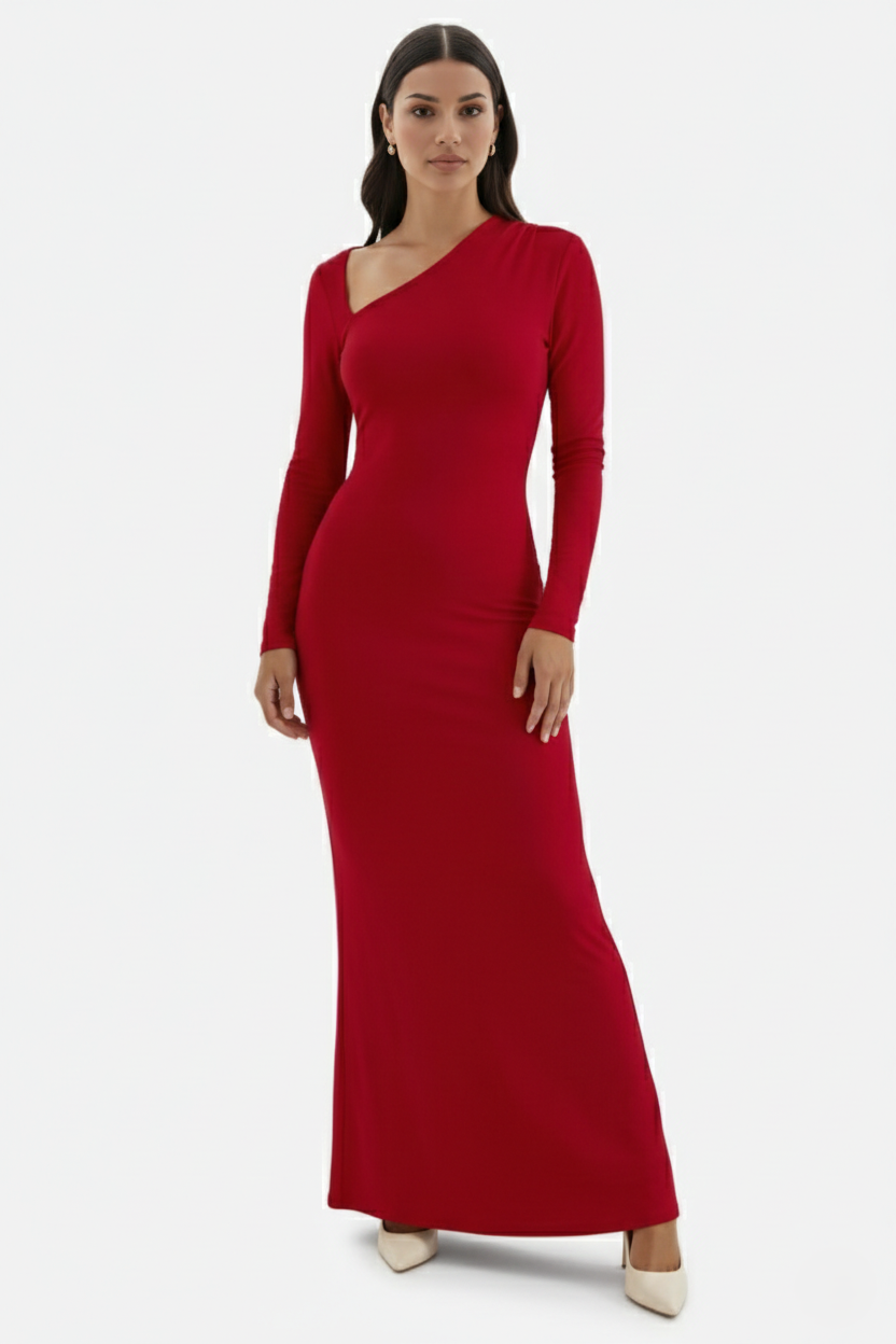 Womens Bodycon Maxi Dress with Asymmetric Cutout Long Sleeve - Clovrio