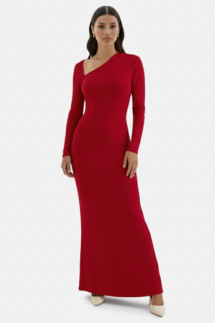 Womens Bodycon Maxi Dress with Asymmetric Cutout Long Sleeve - Clovrio