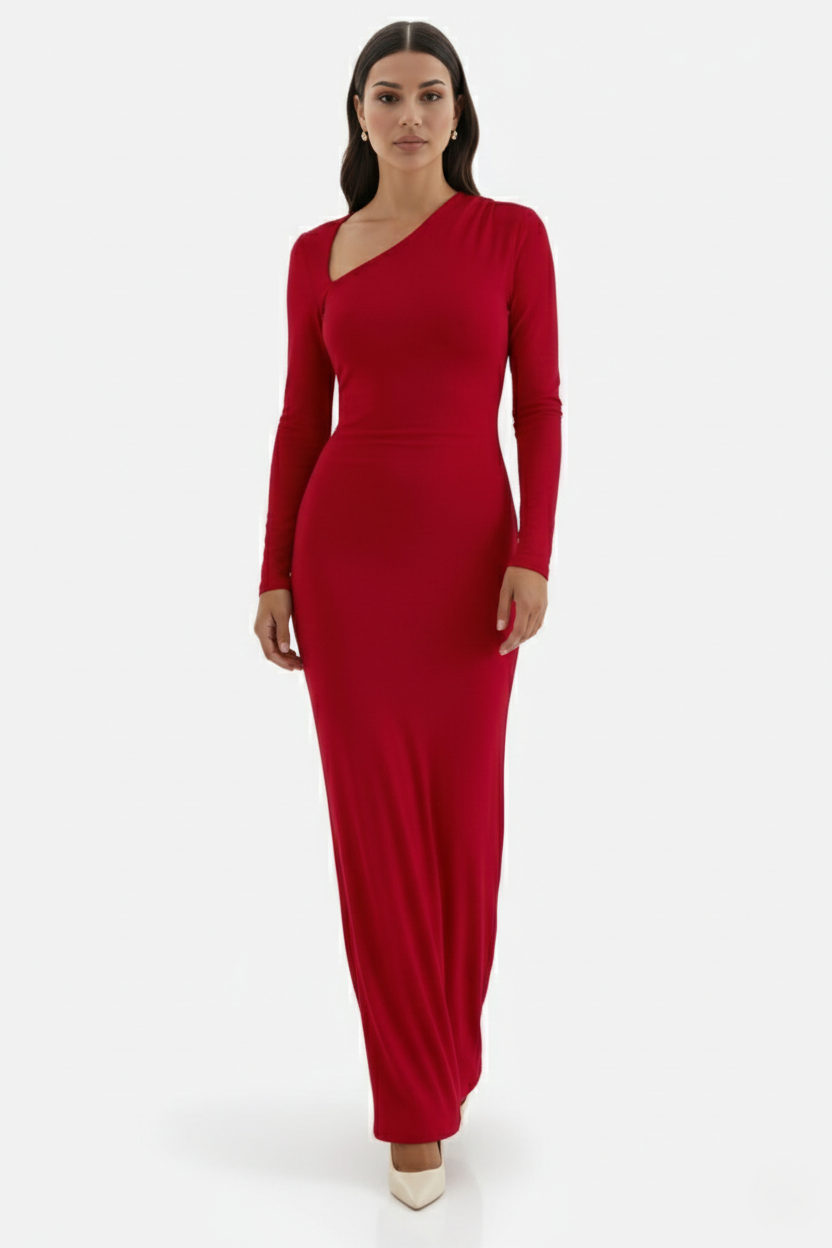 Womens Bodycon Maxi Dress with Asymmetric Cutout Long Sleeve