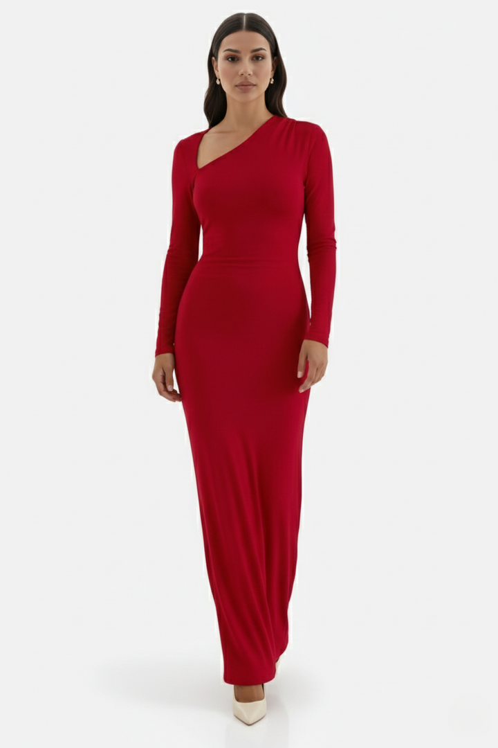 Womens Bodycon Maxi Dress with Asymmetric Cutout Long Sleeve