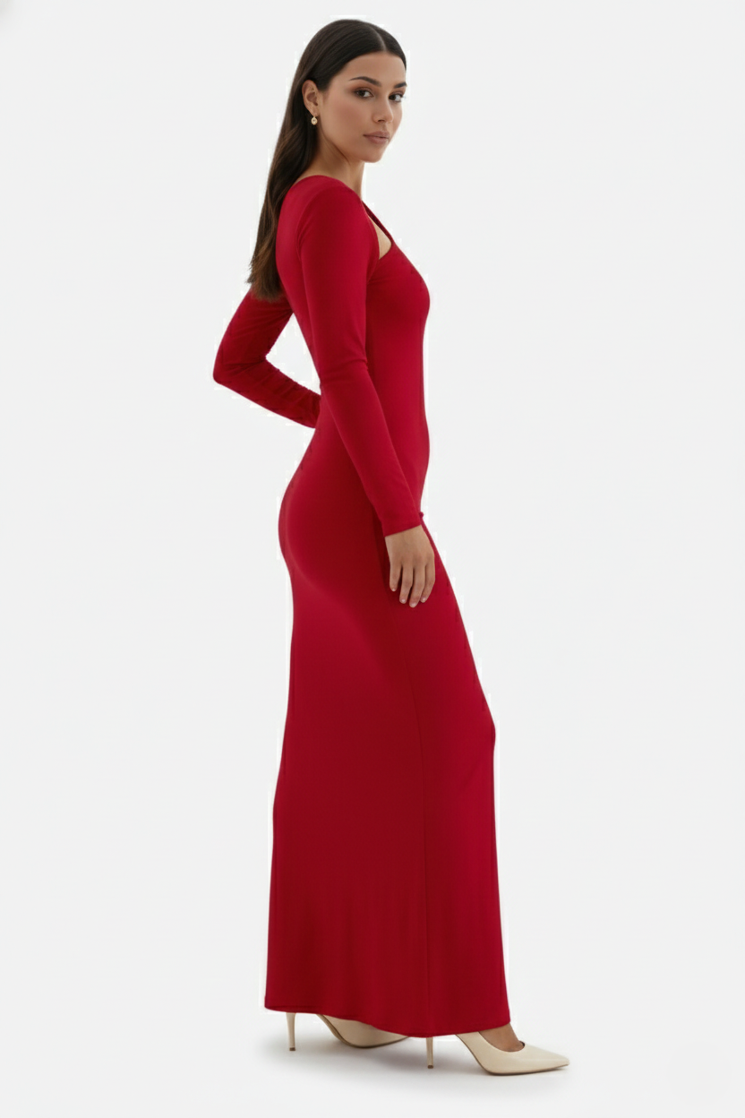Womens Bodycon Maxi Dress with Asymmetric Cutout Long Sleeve