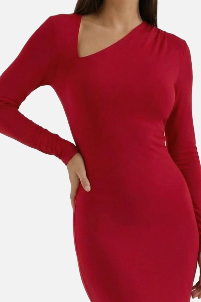 Womens Bodycon Maxi Dress with Asymmetric Cutout Long Sleeve