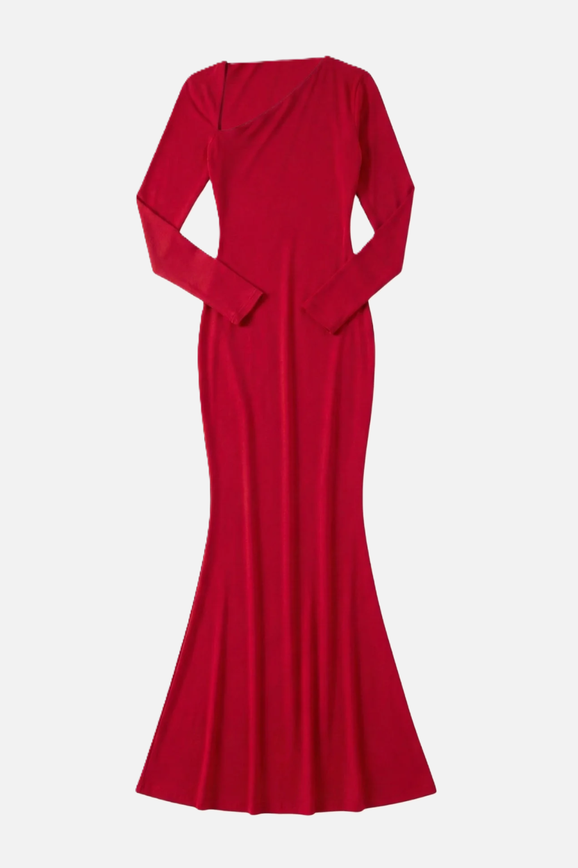 Womens Bodycon Maxi Dress with Asymmetric Cutout Long Sleeve