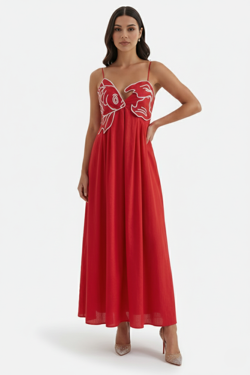 Womens Linen Dress Embroidered Bodice A-Line Spaghetti Straps - Clovrio