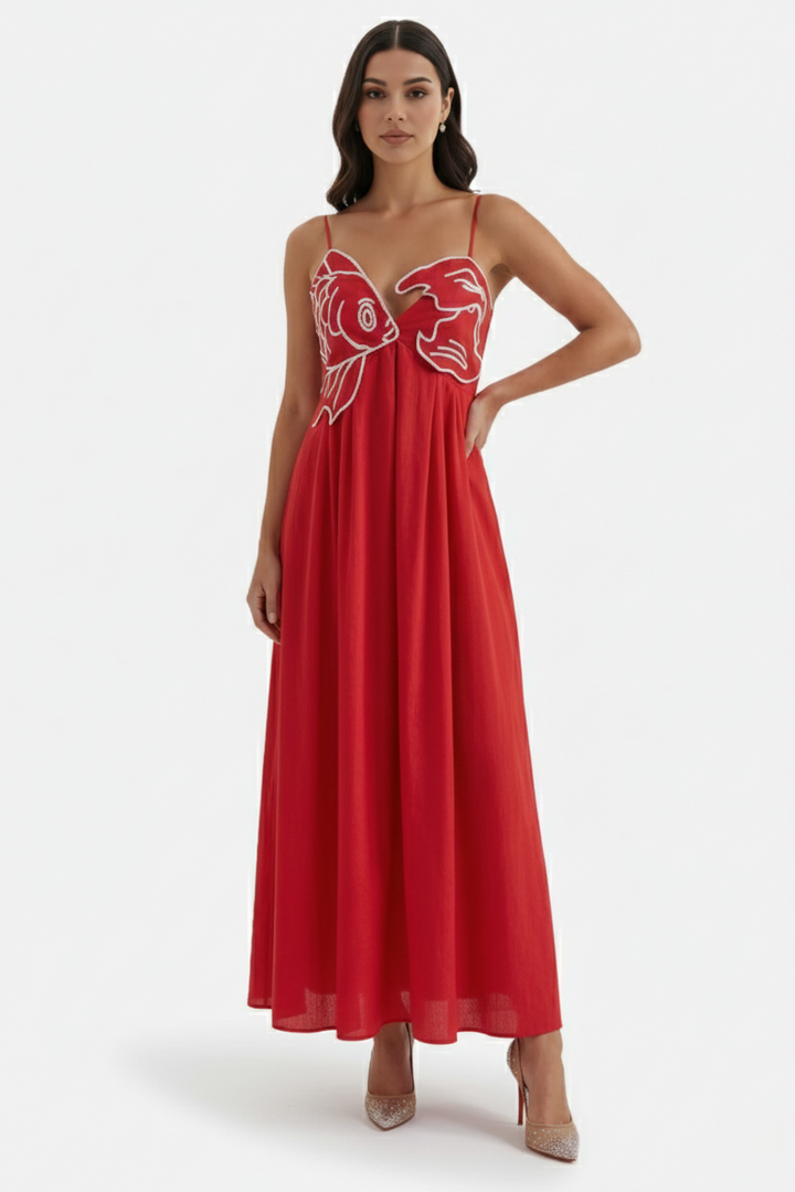 Womens Linen Dress Embroidered Bodice A-Line Spaghetti Straps - Clovrio