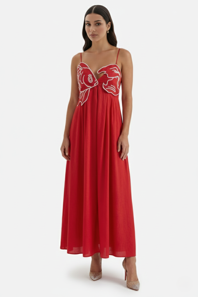 Womens Linen Dress Embroidered Bodice A-Line Spaghetti Straps