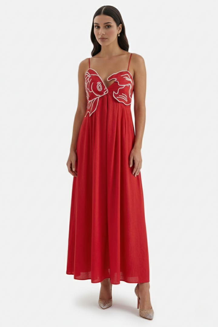 Womens Linen Dress Embroidered Bodice A-Line Spaghetti Straps