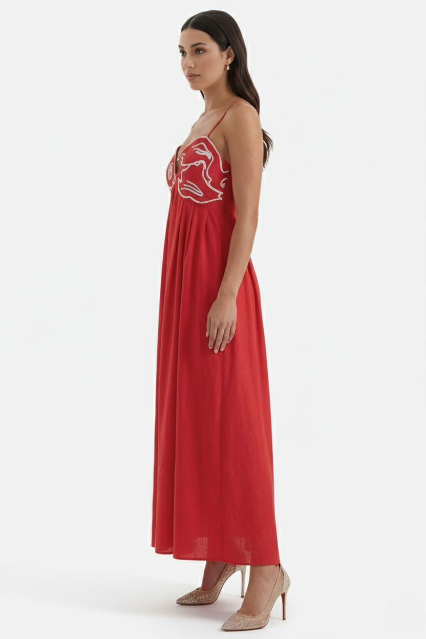 Womens Linen Dress Embroidered Bodice A-Line Spaghetti Straps