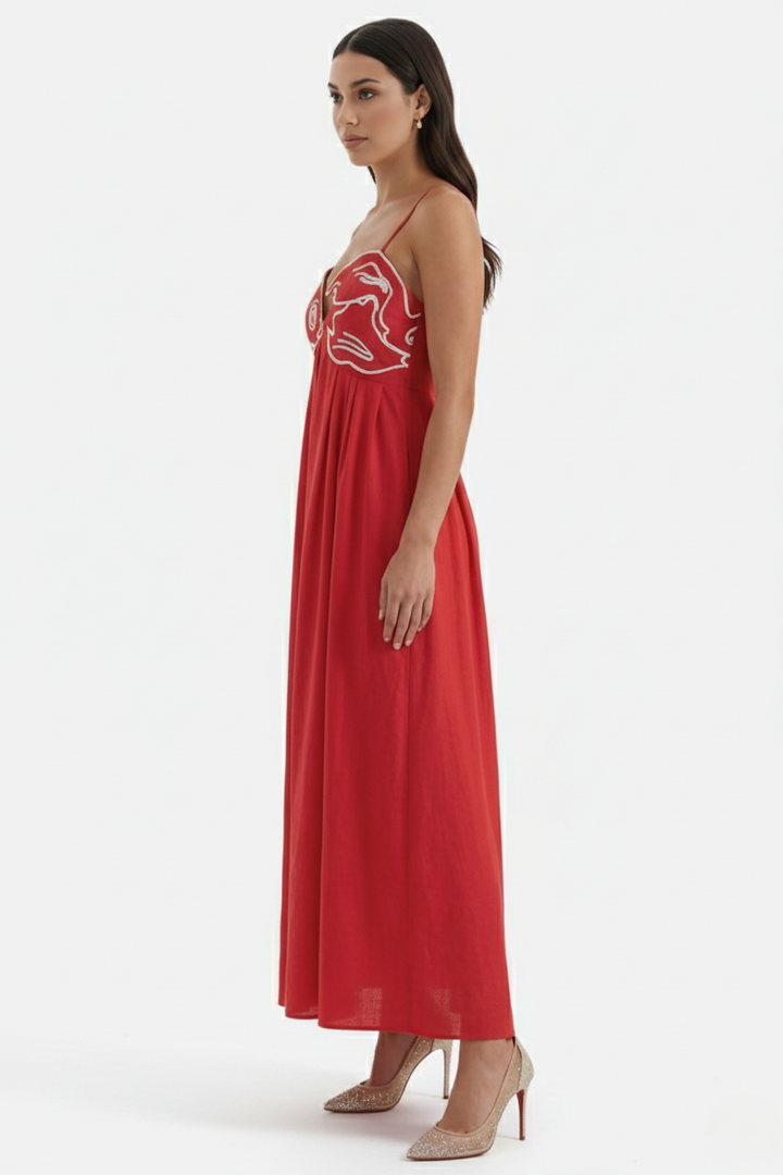 Womens Linen Dress Embroidered Bodice A-Line Spaghetti Straps