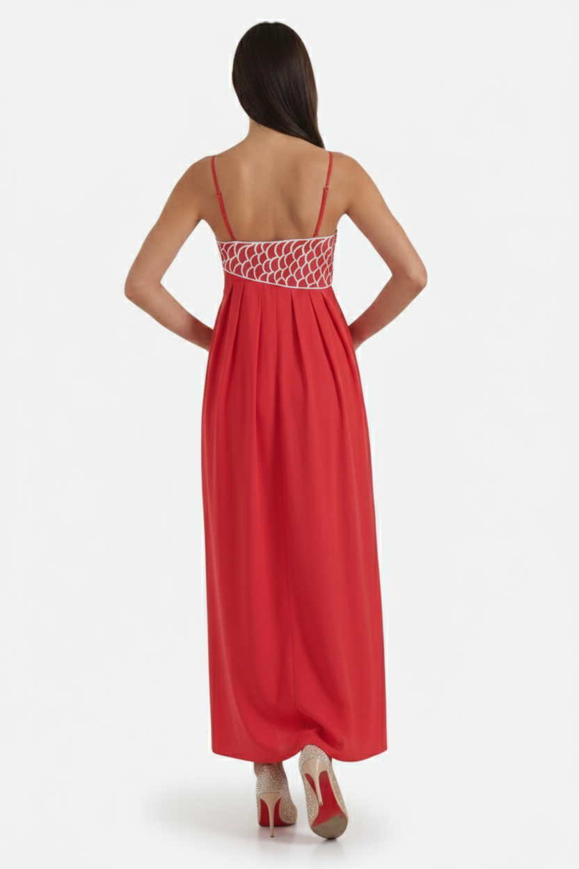 Womens Linen Dress Embroidered Bodice A-Line Spaghetti Straps