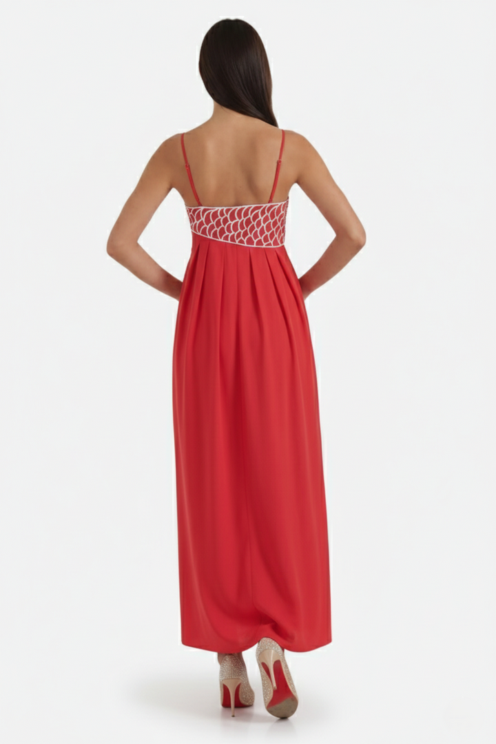 Womens Linen Dress Embroidered Bodice A-Line Spaghetti Straps