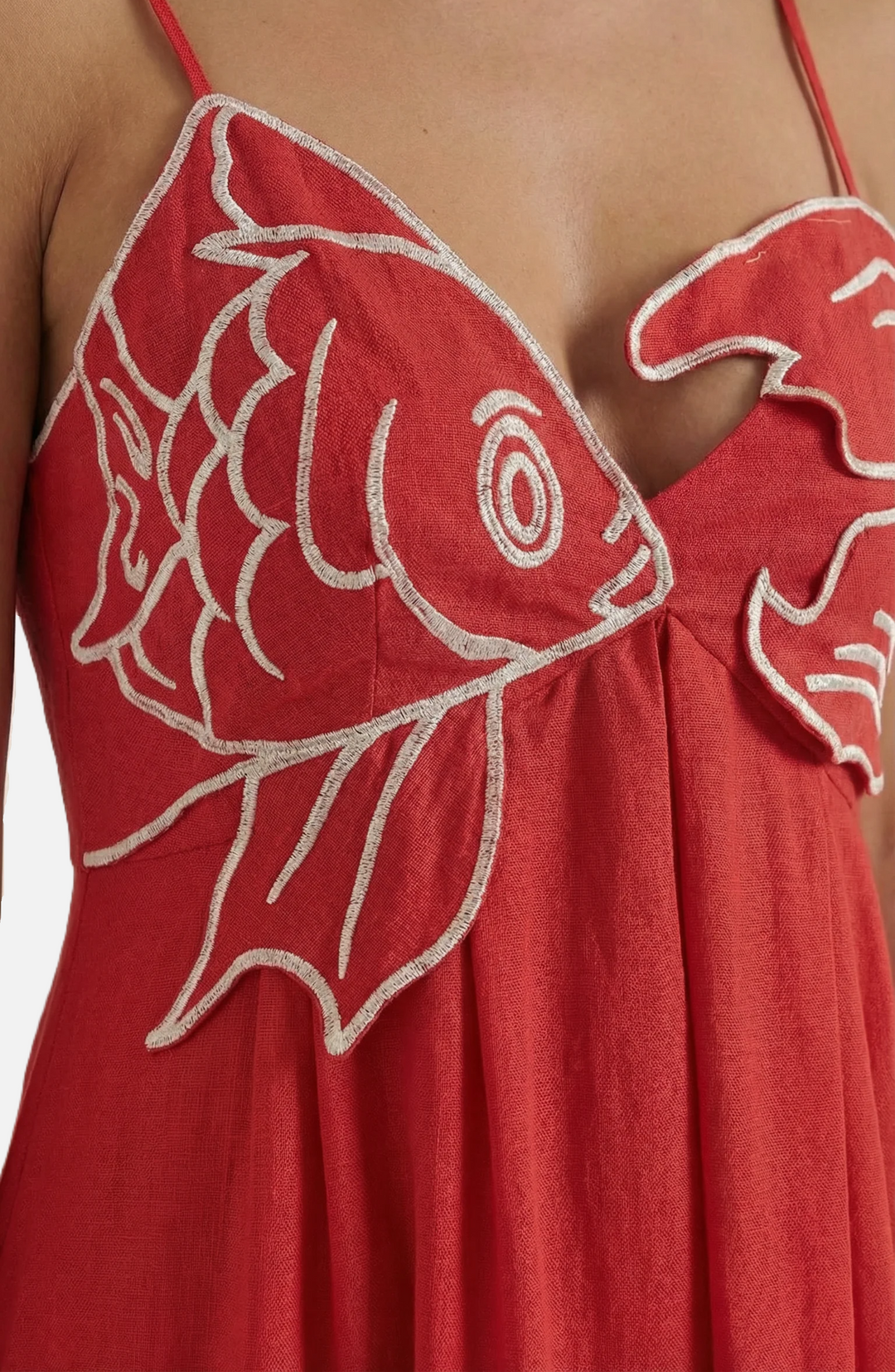 Womens Linen Dress Embroidered Bodice A-Line Spaghetti Straps
