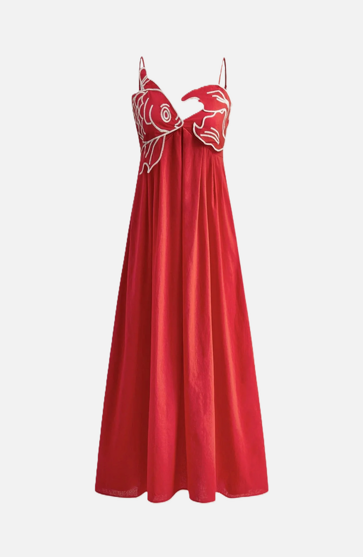 Womens Linen Dress Embroidered Bodice A-Line Spaghetti Straps