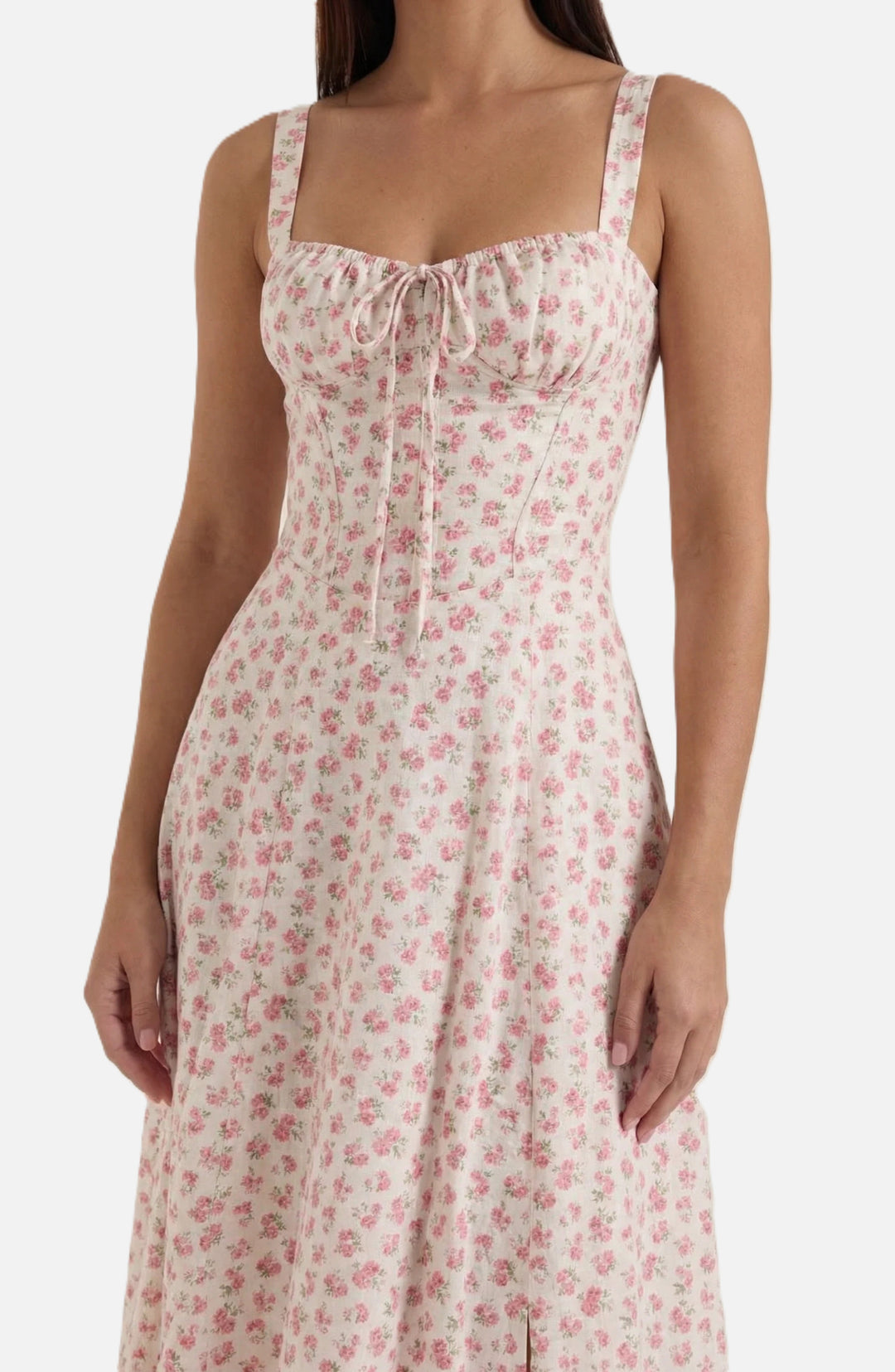 Womens Midi Sundress Ruched Bust Tie Front A-Line Skirt