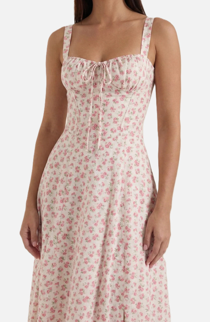Womens Midi Sundress Ruched Bust Tie Front A-Line Skirt