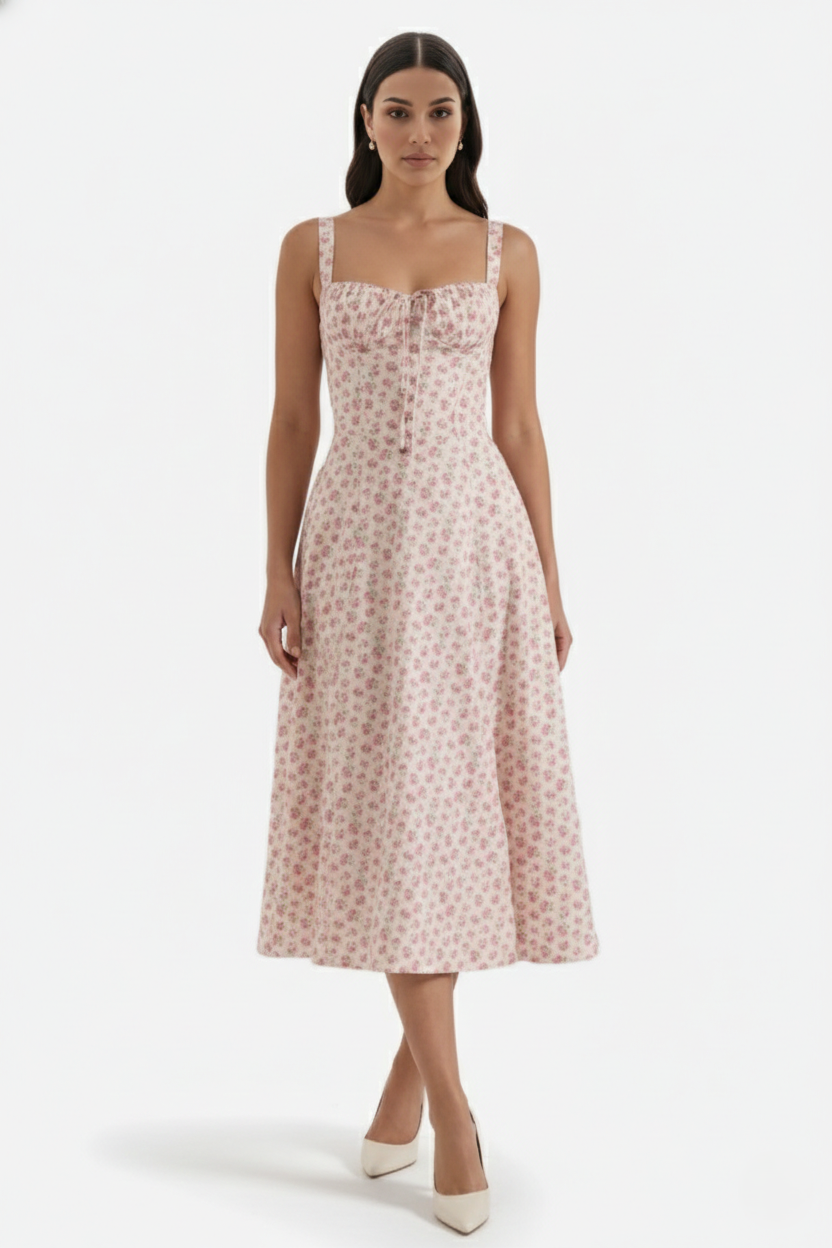 Womens Midi Sundress Ruched Bust Tie Front A-Line Skirt