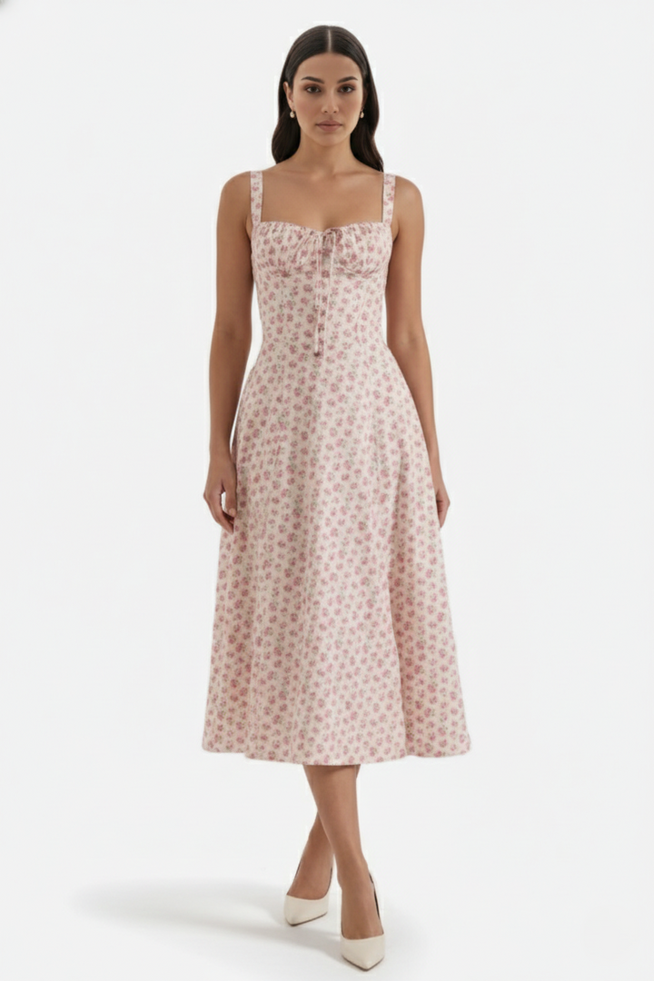 Womens Midi Sundress Ruched Bust Tie Front A-Line Skirt